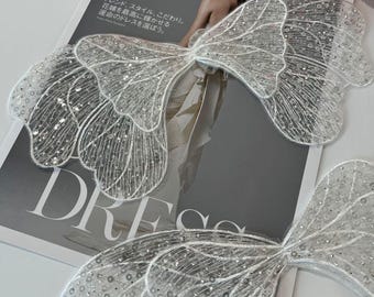 Luxury butterfly Embroidered Lace Trim – Bridal Wedding Veil, Light Ivory, By Pair, sequins wedding dress, headwear, shoes, DIY accessories