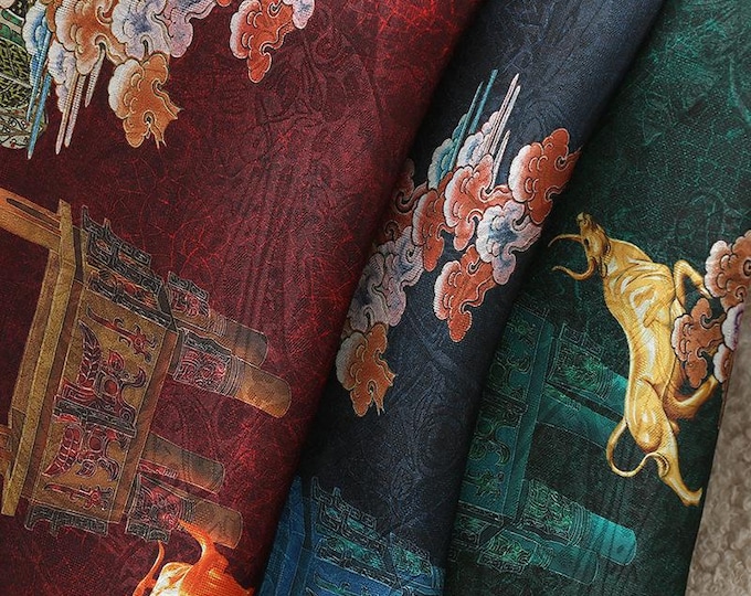 59"W antique elements Tea silk satin fabric, 3 colors, Upholstery, Decor, Costume, Curtain, bag, Sewing, drapery, DIY, quilting/Fabric