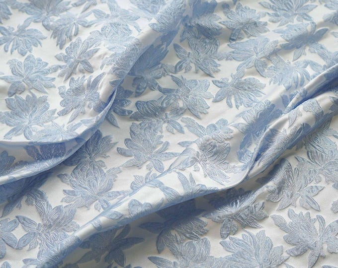 Light blue Luxury Jacquard fabric, 3D vintage flower designer fabric, Upholstery, Sewing, Quilting, garment/fabric, 63"W By 1 Meter