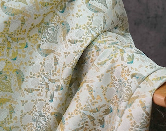 Gold Floral Bird Fabric: 58"W Rayon Blend Upholstery & Drapery
