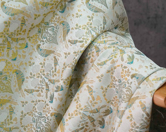 58"W Gold Silk Crisp Fabric with Floral and Bird Texture, intricate decor fabric in rich gold tonesUpholstery, drapery, Quilting, DIY&Sewing