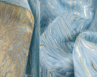 56"w gold & light blue running water jacquard fabric, 3D texture two sides mercerized oil painting design, DIY clothing designer fabric