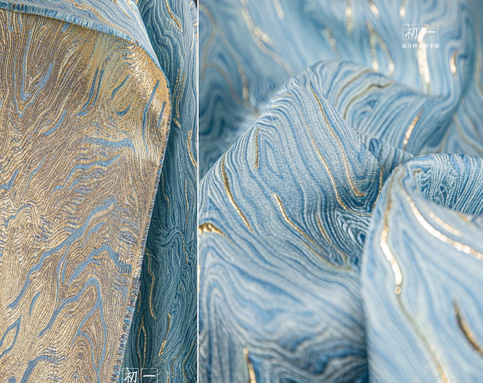 56"w gold & light blue running water jacquard fabric, 3D texture two sides mercerized oil painting design, DIY clothing designer fabric