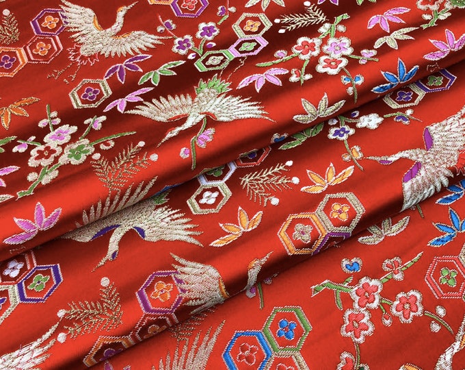 29.5"W Crane Birds and Floral Jacquard Fabric, Chinese New year Sewing Fabric By The Meters, Home Decor Upholstery Fabric, 5 Colors On Sale
