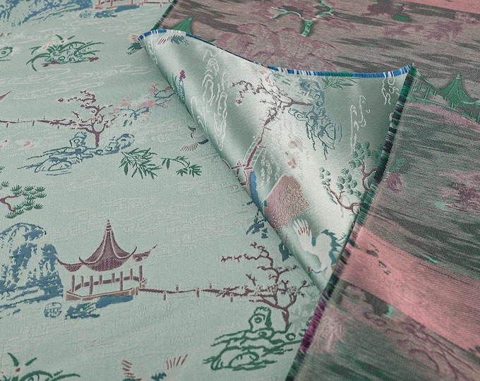 Gold thread Aqua blue song Nishijin Fabric, Japanese Kimono garden brocade by the meter, 59“W, Upholstery, Decor, Costume/by the meter