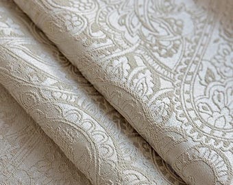 French Vintage Paisley Jacquard Curtain Fabric – Luxury Embossed Cream Drapery, 114” Extra-Tall Height, Sold by the Meter, Continuous Cut