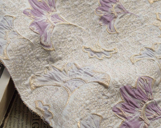 Gold thread Reversible jacquard woven fabric, 3D lilac floral with embossed effect, Upholstery, Costume, Sewing DIY fabric, 60"W By 1 yard