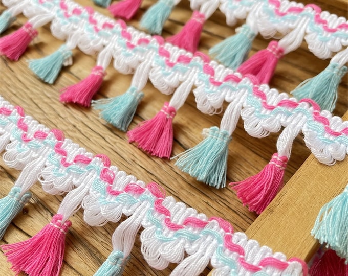 Colorful Ethnic Cotton Tassels DIY fabric, Designer Fabric, Lolita, DollMaking, Handicraft, carpet, curtain, pendant, Decor/fabric, 2" Width