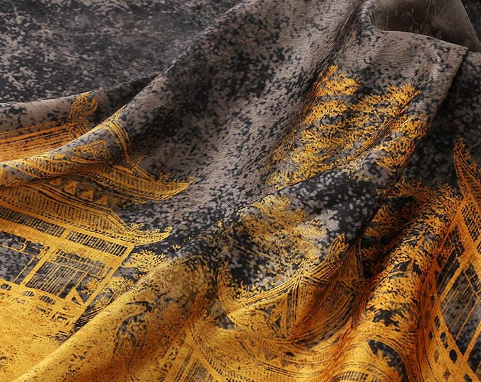 59"W Ancient architecture Tea silk satin fabric, 3 colors, Upholstery, Decor, Costume, Curtain, bag, Sewing, drapery, DIY, quilting/Fabric