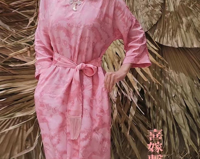 Pink Two Sides Jacquard Satin Damask Fabric, 59“Wide Dragon Phoenix, Upholstery, Decor, Costume, Handbag, Pajamas, Sewing/Fabric by 1 meter