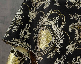 European Court Style Black Gold Floral Jacquard Fabric for Vintage Dresses, Cushions, Sofa Pillow Covers, Upholstery and Home Decor, 57"Wide