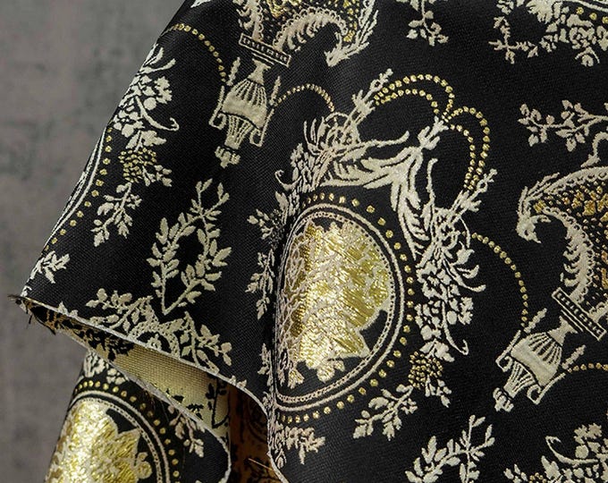 Black Gold Floral Jacquard Fabric: European Court Style Upholstery, Dresses, Decor (57" Wide, Meter)