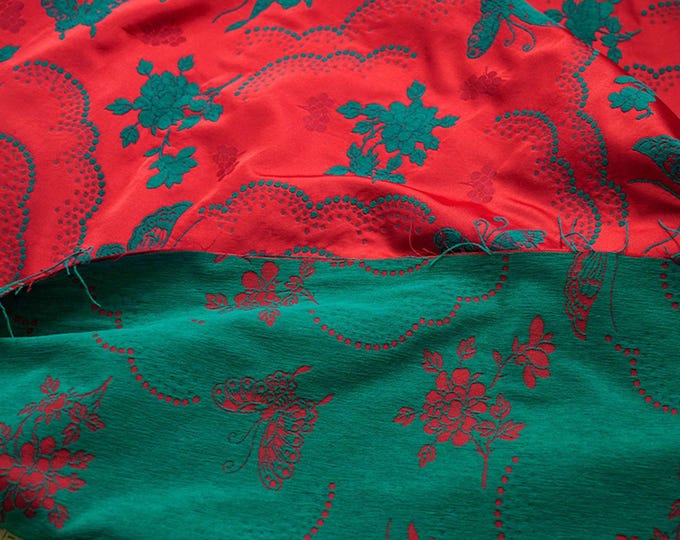 59"W Chenille Fabric 2 sides Jacquard Fabric, Green and Red butterfly flower Fabric By 1 Meter, Upholstery, Quilting, curtain, Sewing, DIY