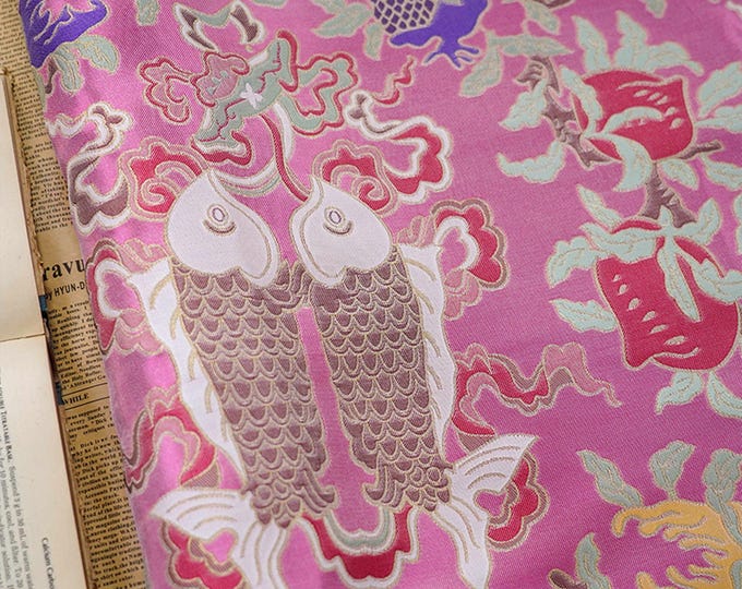 Pink Chinese Silk Brocade Fabric Pisces Double Fish Home Decor, Table cloth, bed runner, pillow case, Cheongsam, quilting fabric, 59"width