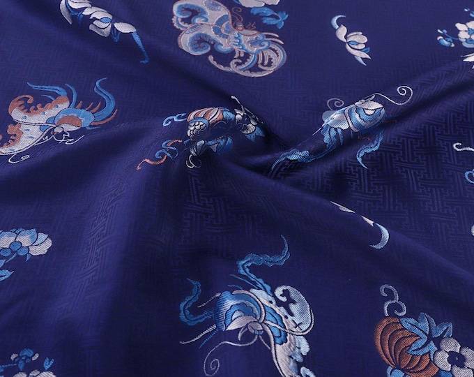 55"W Song Brocade Navy butterfly Silk Brocade, Emperor Tibetan robe, cheongsam, sewing, Upholstery, Quilting and drapery fabric