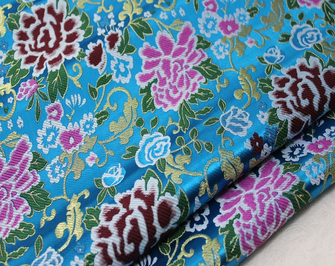 Sky Blue Silk Brocade Fabric Peony Flower Design, Wedding Fabric, 29" W Chinese Silk Fabric By 1 Meter on SALE
