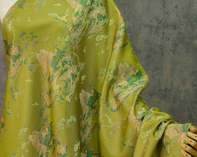 Jacquard embossed textured fabric, 3D yellow green vintage retro designer fabric, Upholstery, dress, Curtain and Sewing fabric, 59"W By yard
