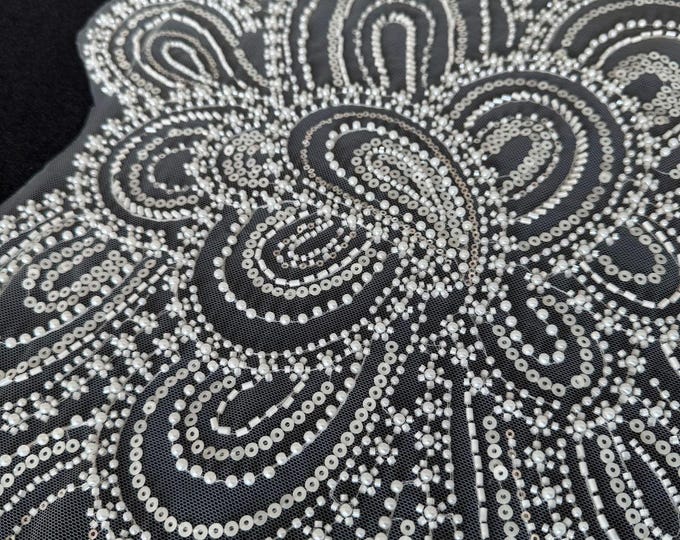 3D Beaded Floral Embroidery Mesh Fabric, Large Flower Sequin Lace for Bridal Gowns & Formal Dressmaking