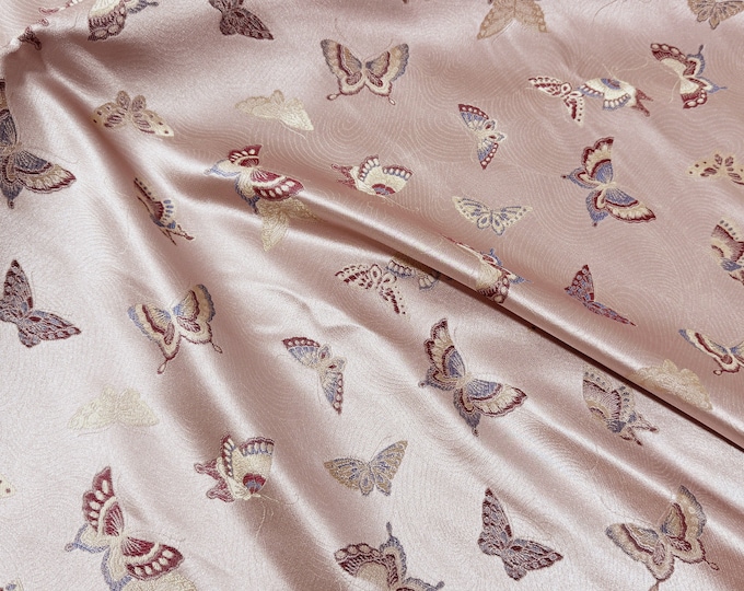 59"W light pink butterfly Brocade, Tibetan robe, cheongsam, Upholstery, Decor, Costume, Curtain, bag, Sewing, drapery /Fabric by the meter