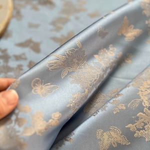tessuto giapponese Nishijin farfalla, broccato di seta giapponese blu acqua al metro, 55"W, tappezzeria, arredamento, costume, drappeggio/al metro