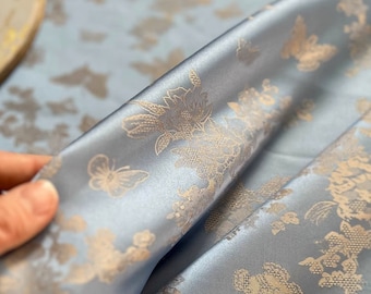 butterfly Japanese Nishijin Fabric, aqua blue Japanese silk brocade by the meter, 55“W, Upholstery, Decor, Costume, drapery/by the meter