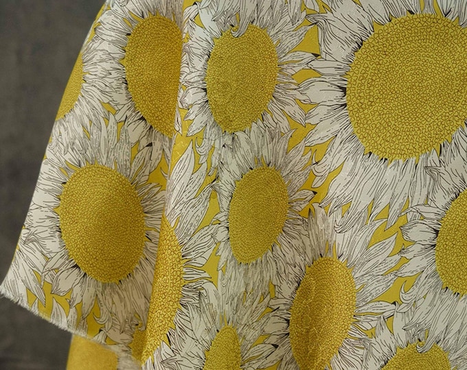 55"W 100% rayon sunflower Tea silk satin fabric, Digital print, Upholstery, Decor, Costume, Curtain, bag, Sewing, drapery, cheongsam/Fabric