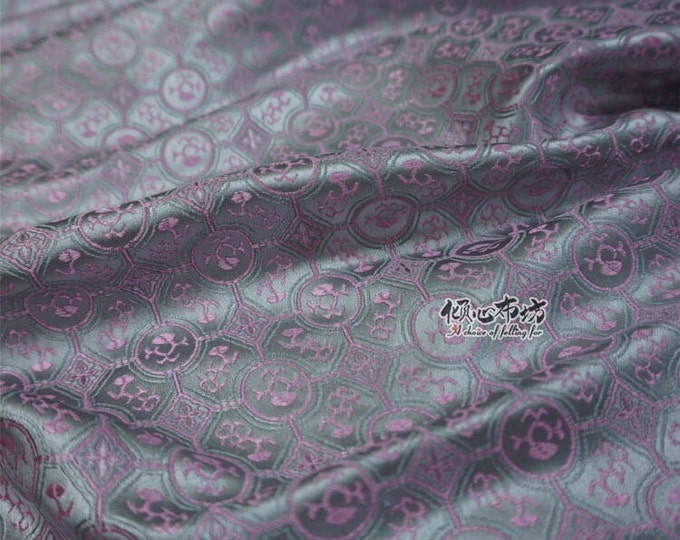 29"W Japanese Tianhua Jacquard silk brocade Damask Fabric, silver, Upholstery, Decor, Costume, Curtain, Handbag, Sewing/Fabric by the meter