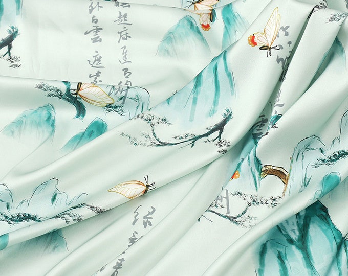 59"W Ancient pattern Tea silk Rich Texture satin fabric, shawl, Upholstery, Decor, Costume, Curtain, bag, Sewing, drapery, DIY/Fabric