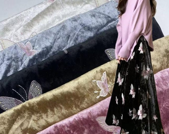 43"W Velvet Embroidery Fabric for Women's Coats, Skirts & Evening Dresses – Beaded Pillar Design, Designer Fabric, Decor, wedding, Doll