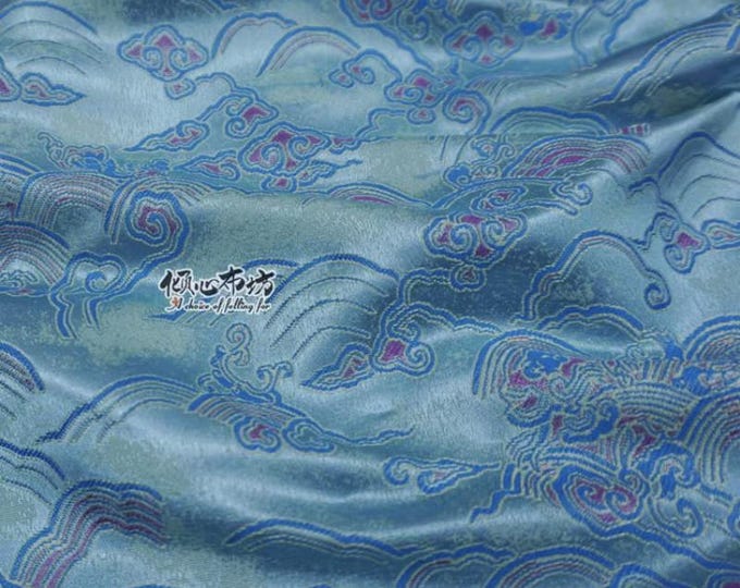 Aqua blue Silk Brocade Fabric - 29.5"W Sea of Clouds & Waves, Upholstery, Decor, Costume, Curtain, Handbag, DIY Sewing