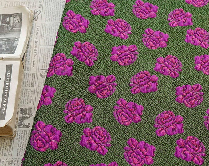 Green Rose Jacquard Fabric: 3D Embossed Floral Damask, 55" Wide