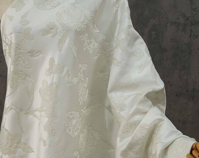 55"W Ivory white embossed Palace jacquard fabric, Damask, Upholstery, Decor, Costume, Curtain, Handbag, Sewing/Fabric by the meter