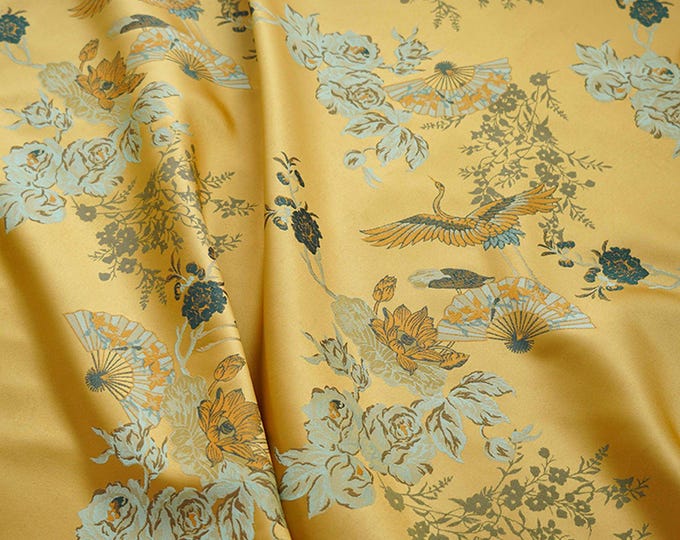 Chinese gold crane and birds Brocade Fabric, 59"W Cheongsam, Qipao, Upholstery, Home Decor, Pillow case, Sewing, drapery, bag Fabric