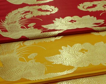 Red and Gold Chinese Double Phoenix Jacquard Satin Fabric, Chinese Wedding Dress Brocade Fabrics By The Meters, Home Decor Fabrics On SALE