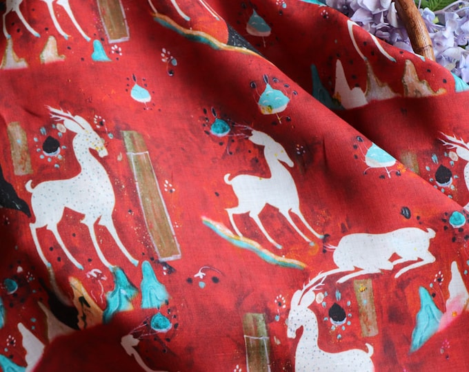 The legend of the nine-color deer in Dun huang printed Pure ramie Fabric, 57“W, Upholstery, Costume, Curtain, Handbag, Scarf, Sewing/Fabric