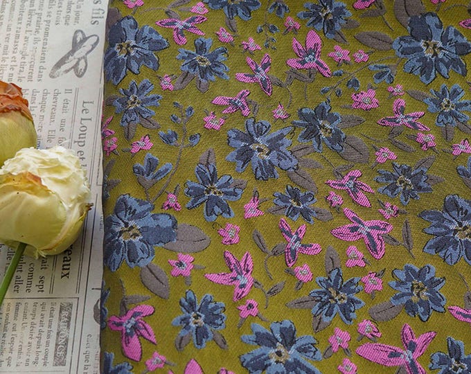 Embossed Floral Fabric: Cottagecore Blue & Pink Vintage Cloth, 63" Wide