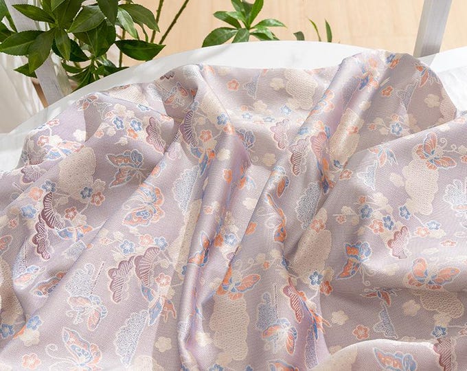 59"W Nishijin woven gold thread brocade, Jacquard butterfly flower silk brocade by the yard, Waistband, handbag, Upholstery, Sewing fabric