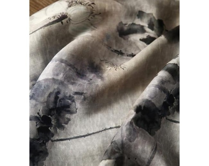 Gray Ancient ink painting printed pure Ramie Fabric, 57“W, Upholstery, Decor, Costume, Curtain, Handbag, Sewing, Scarf/Fabric by the meter