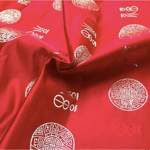 Chinese Brocade Fabric: Lucky Fu Calligraphy Silk Rayon Blend