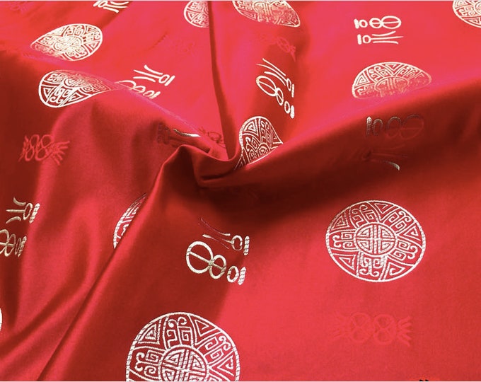 27.5"W Chinese Ancient Calligraphy Silk Brocade Fabric - Chinese Calligraphy Fu and Lucky Fabric By The Meter