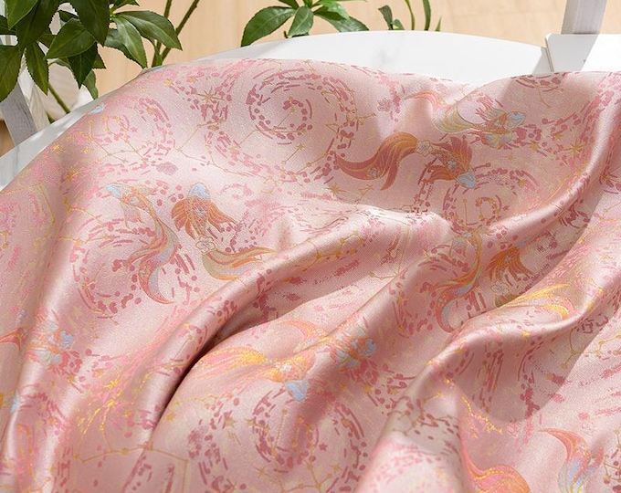 59"W Nishijin woven gold thread brocade, Jacquard double fish silk brocade by the yard, Waistband, handbag, Upholstery, Sewing fabric