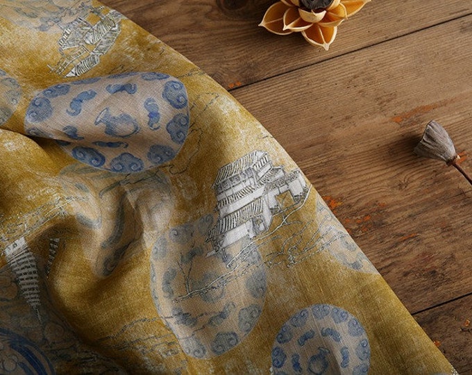 Ancient building printed pure Ramie Fabric, 57“W, Upholstery, Decor, Costume, Curtain, Handbag, Sewing, Scarf/Fabric by the meter