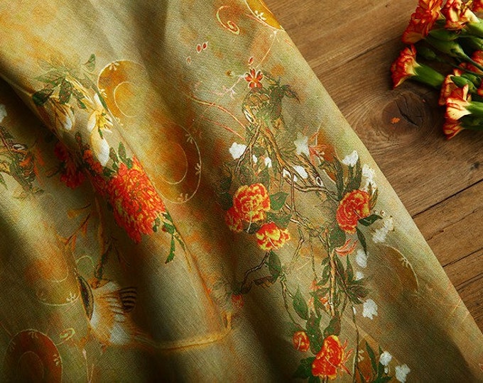 Dunhuang ink painting printed pure Ramie Fabric, 57“W, Upholstery, Decor, Costume, Curtain, Handbag, Sewing, Scarf/Fabric by the meter