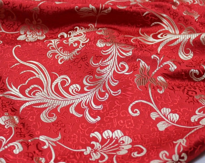 59"W Chinese Silk brocade woven damask fabric cheongsam cushion Red phoenix tail flower pattern on SALE Tapestry brocade cheongsam