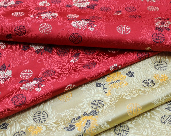 Chinese Fu & Shou Brocade Fabric | 6.99 Full Meter Price | 29.5" Wide | Chinese Fabric in 2 Colors Red, Gold