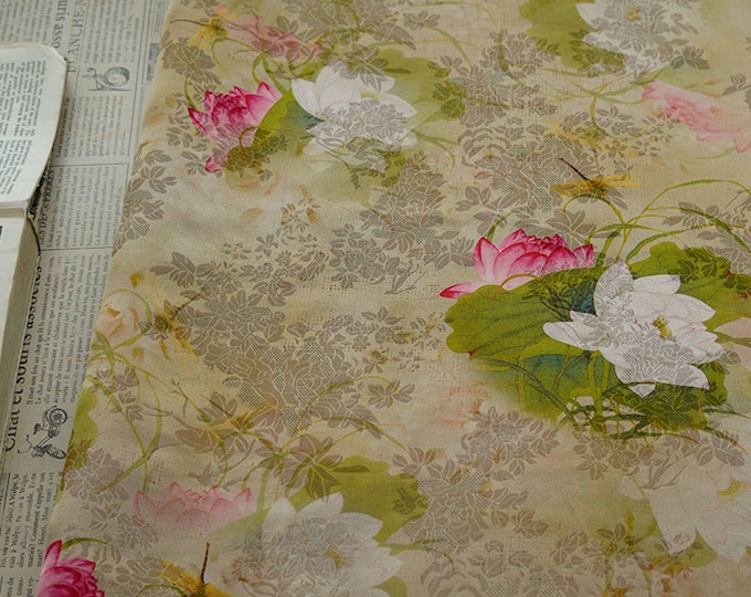55"W Lotus flower Tea silky satin fabric, Digital print, Sewing fabric, Upholstery, Decor, Costume, Curtain, bag, DIY, Doll making/Fabric