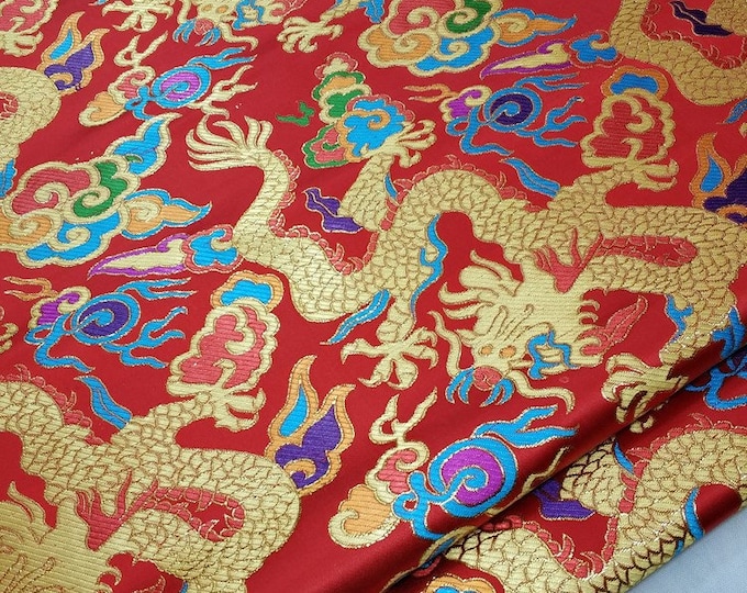 Chinese Emperor Wedding Cheongsam Fabric, Embroidery Dragon pattern, Tapestry Satin Jacquard Silk Brocade 27.5"W