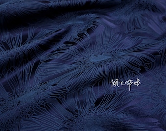 Blooming Deep Navy Blue Natural Flowers Blooming Silk Brocade  29"W Brocade Jacquard Silk + Rayon on SALE