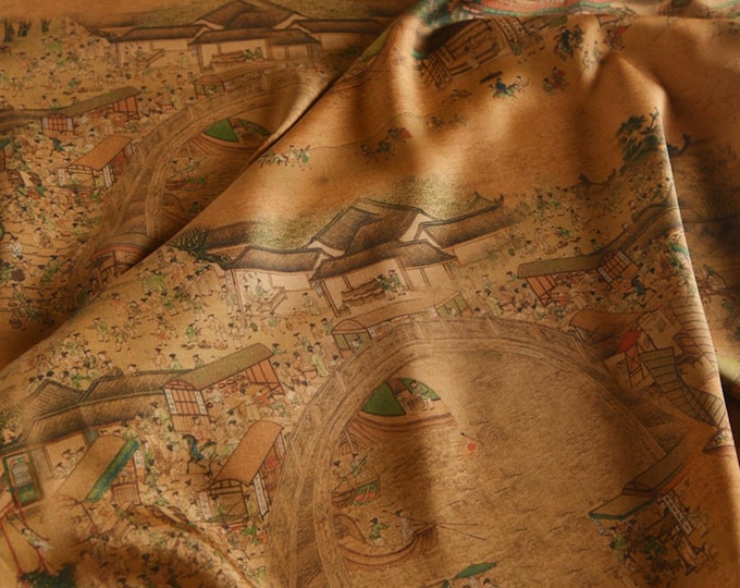 Along the River During the Qingming Festival 60s Cotton Fabric, 55"W, drapery, Upholstery, Decor, Costume, Curtain, bag, Sewing, DIY/Fabric