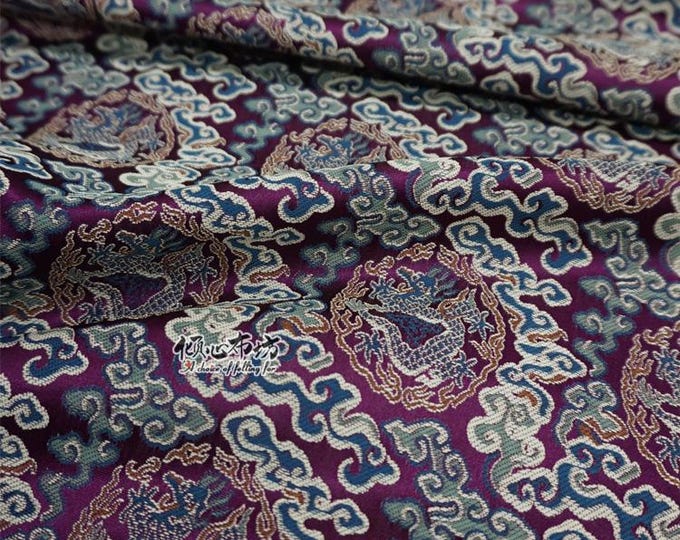 Vintage Dragon Cloud Brocade Fabric – Four-Color Jacquard in Khaki, Navy, Purple, and Tangerine, 29.5"Wide